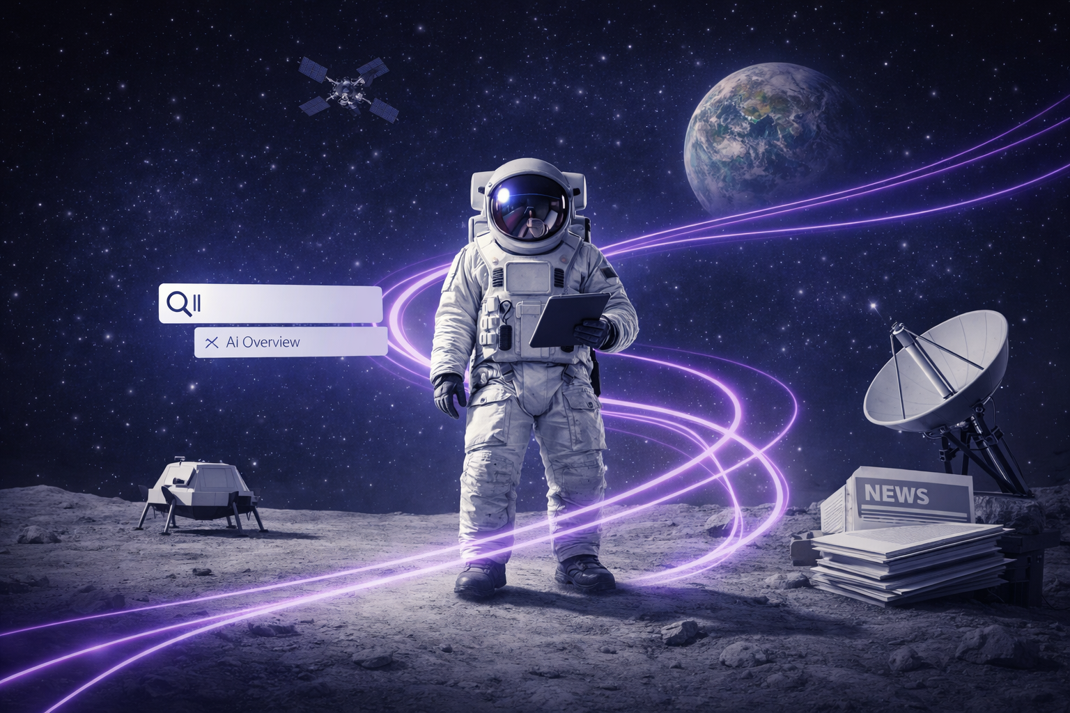 Astronauta en la luna analizando búsquedas con IA y el impacto del SEO en medios digitales