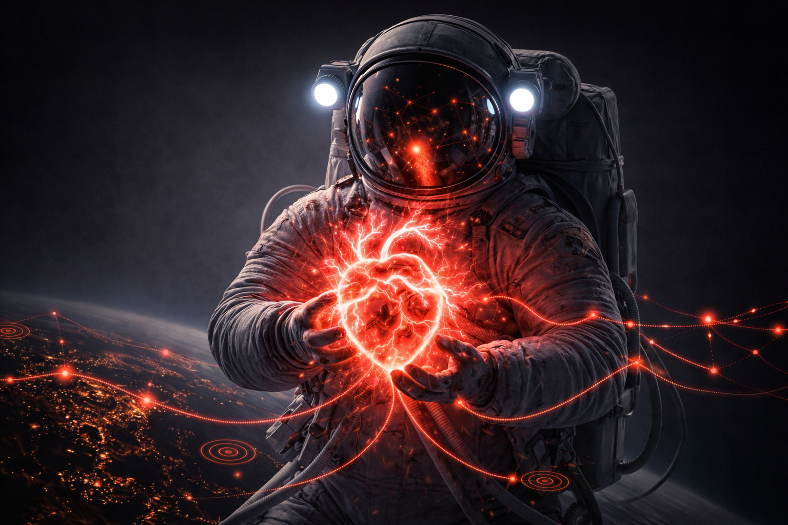 Astronauta sosteniendo un corazón tecnológico en el espacio que simboliza el valor humano en el desarrollo de software y el periodismo digital