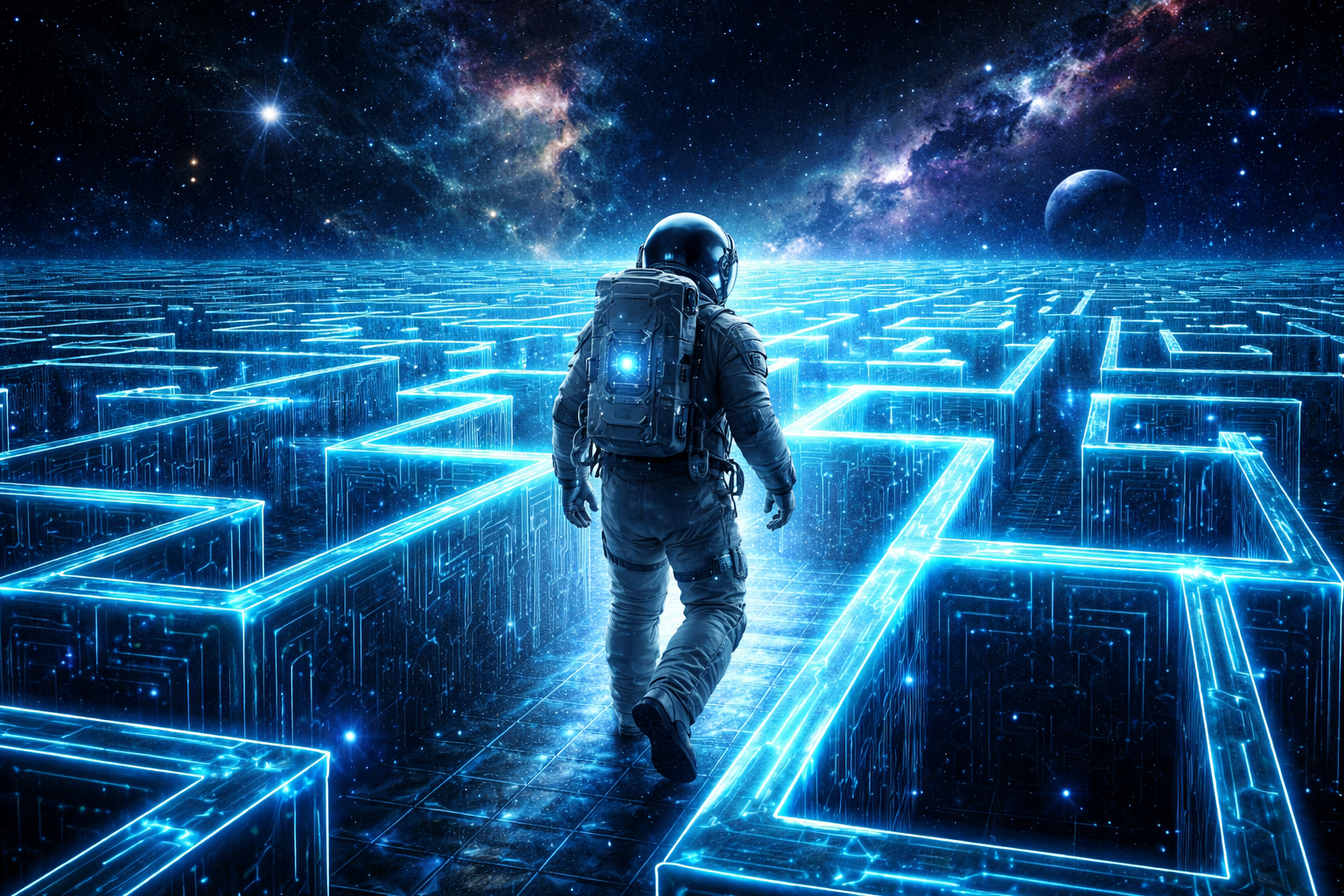 Astronaut walking through a futuristic digital maze in space, representing technological complexity and navigation in digital environments.