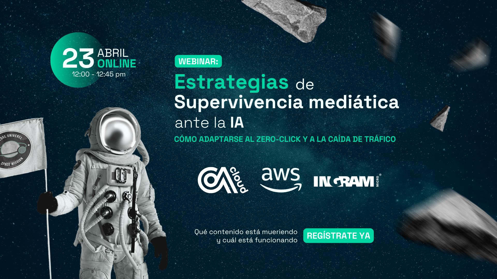 Webinar poster on media survival strategies in the age of AI, dated April 23, organized by OA Cloud, AWS, and Ingram Micro, focused on adapting to zero-click searches and declining traffic.