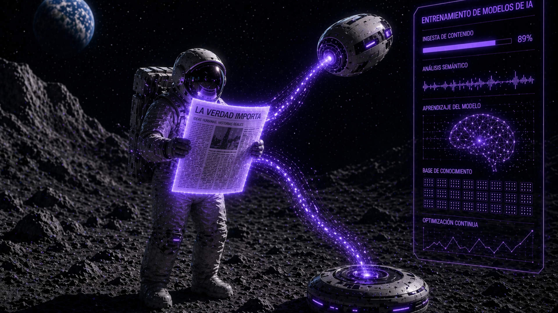 Astronaut on the moon reading a newspaper while an artificial intelligence extracts and analyzes the content, representing the use of media data to train AI models.