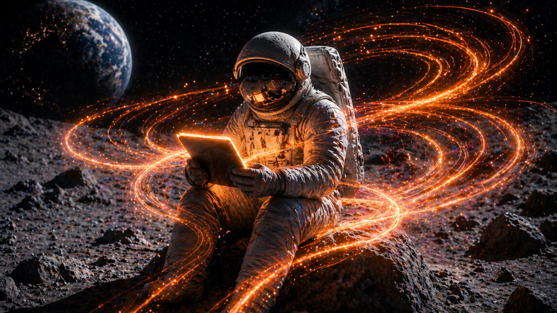 Astronaut on the moon using a tablet, surrounded by glowing data streams, representing digital information consumption and the connection between technology, media, and audiences.