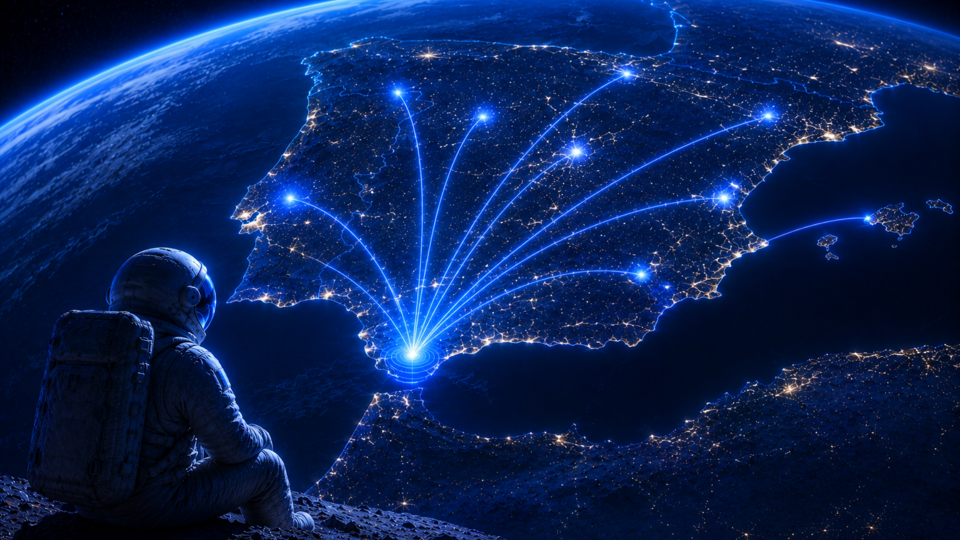 Astronaut observing a map of Spain with technological connections emerging from Andalusia, representing the expansion of digital infrastructure and media powered by technology and artificial intelligence.