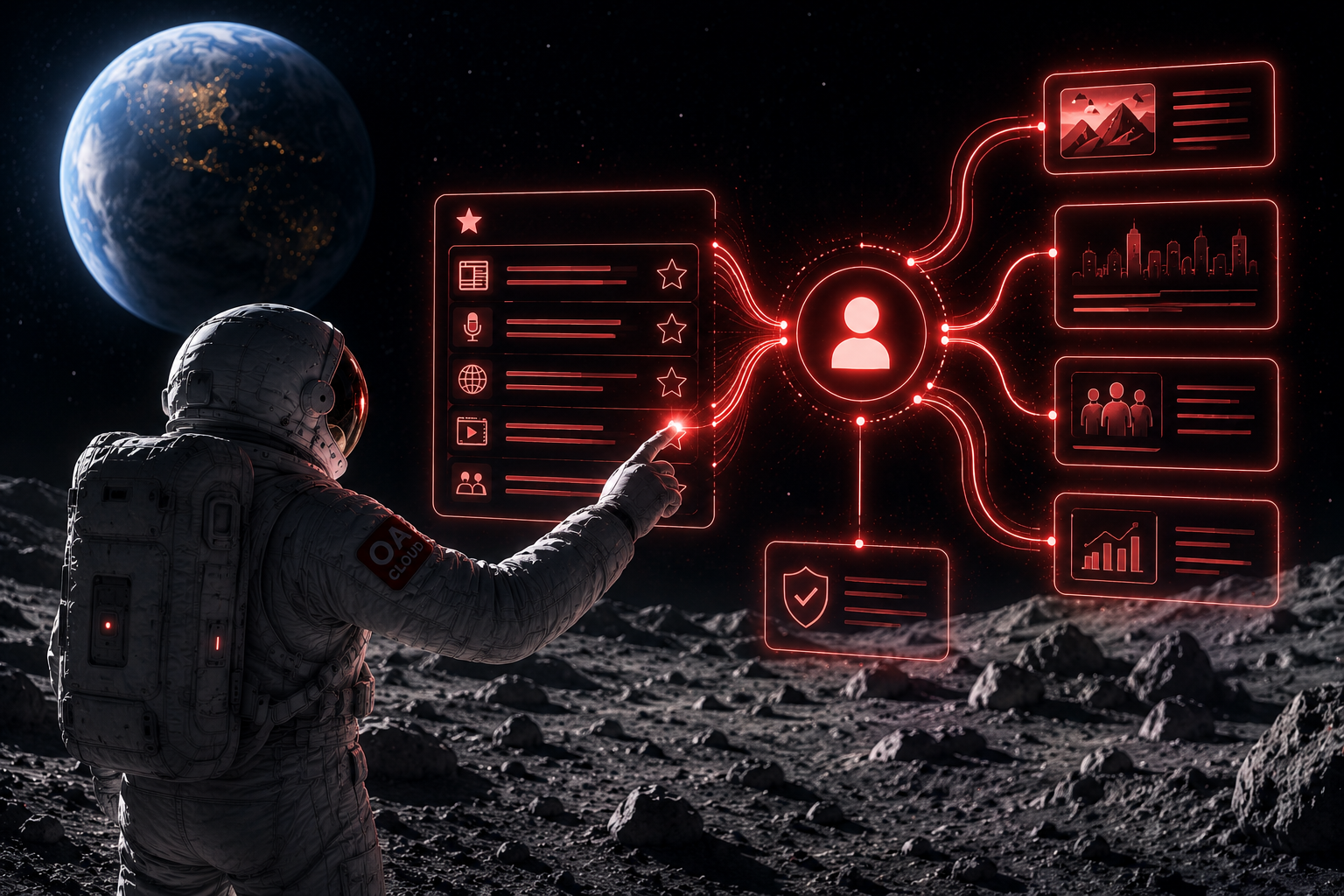 Astronaut interacting with a digital interface for selecting favorite content and media sources, representing news personalization, digital trust, and user control over information.