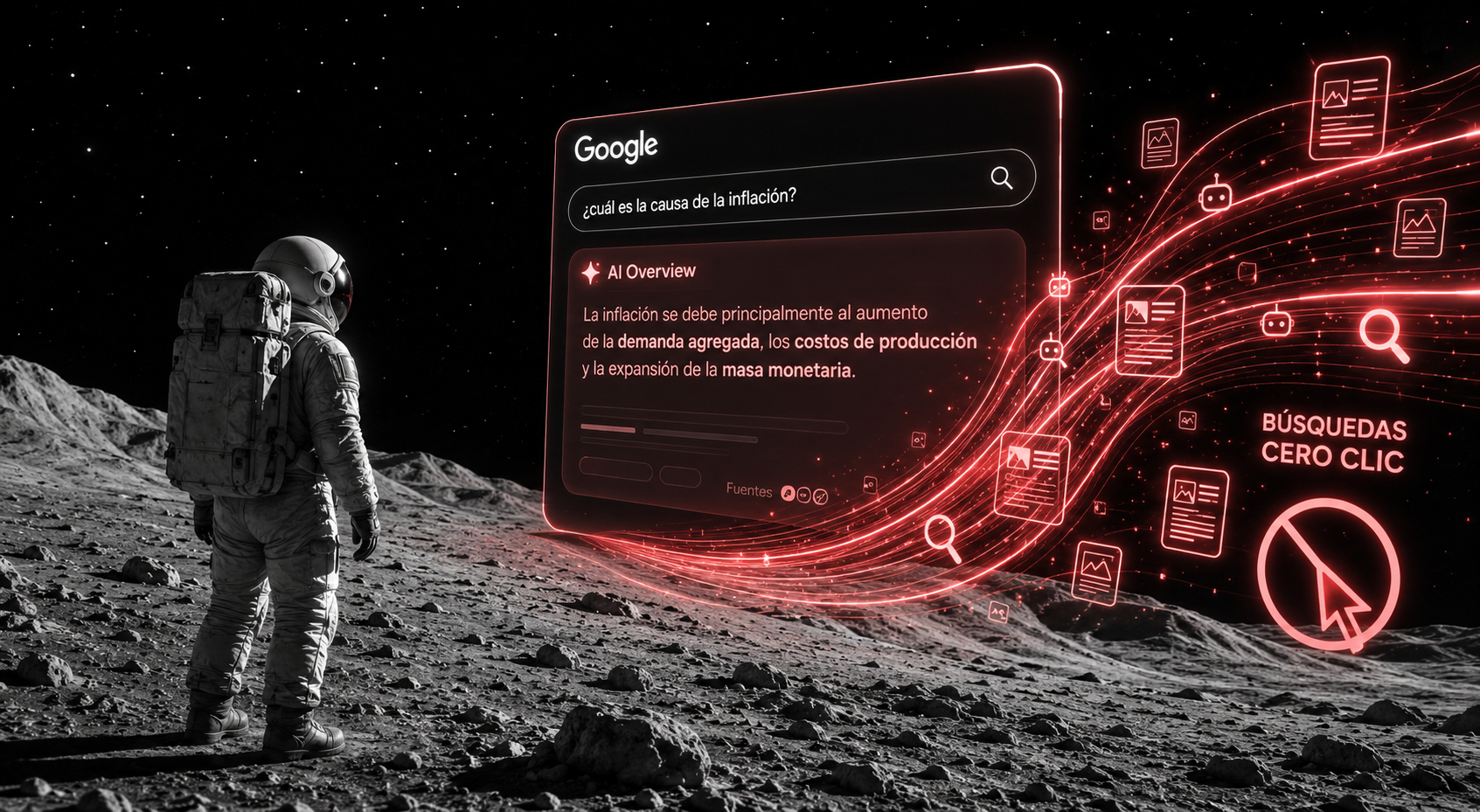 Astronauta en la luna observando interfaces de inteligencia artificial y flujos digitales que representan el impacto de Google AI Overviews y el fin de la era del clic en los medios digitales.