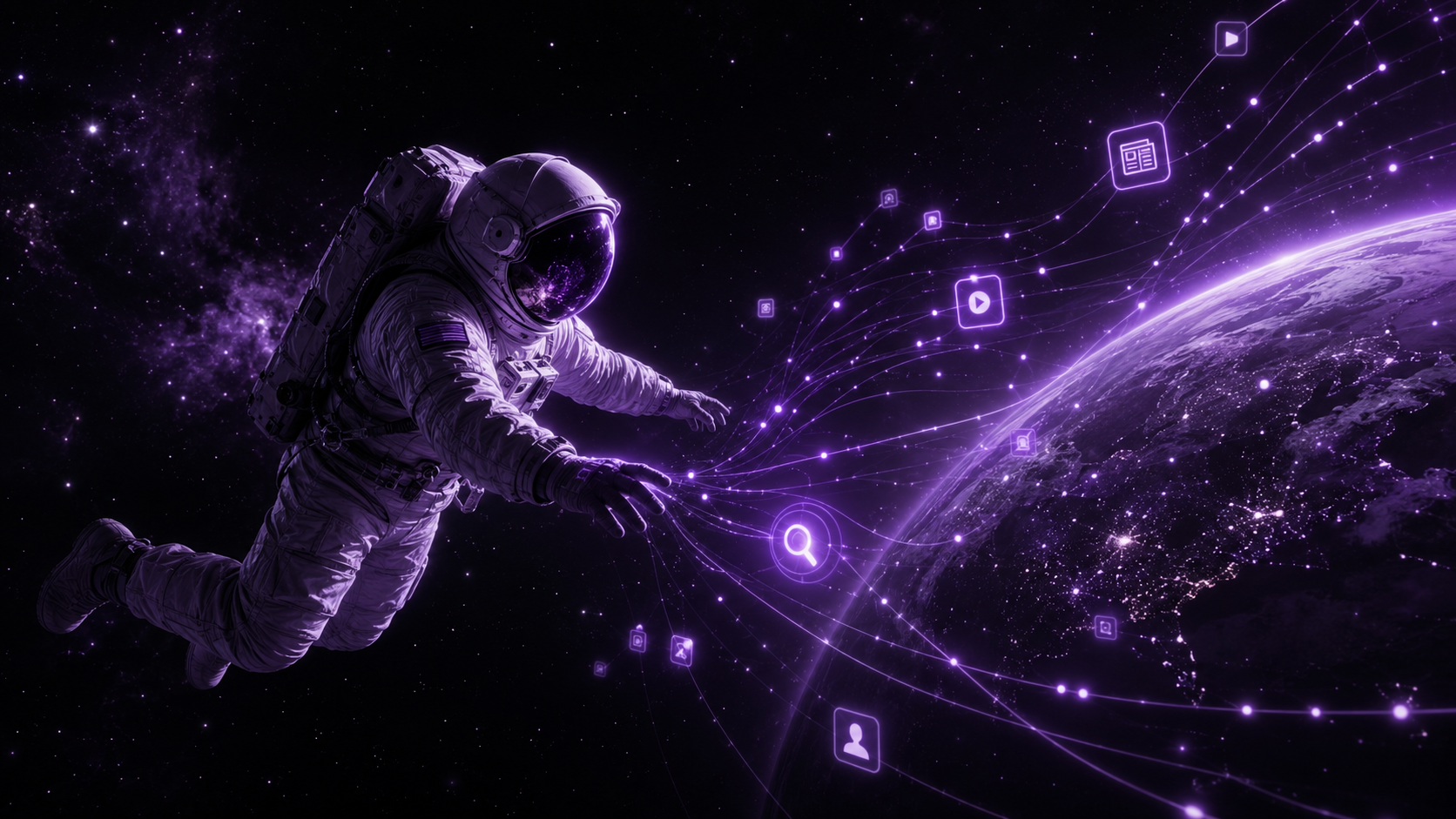 Astronauta en el espacio rodeando la Tierra con flujos de color violeta