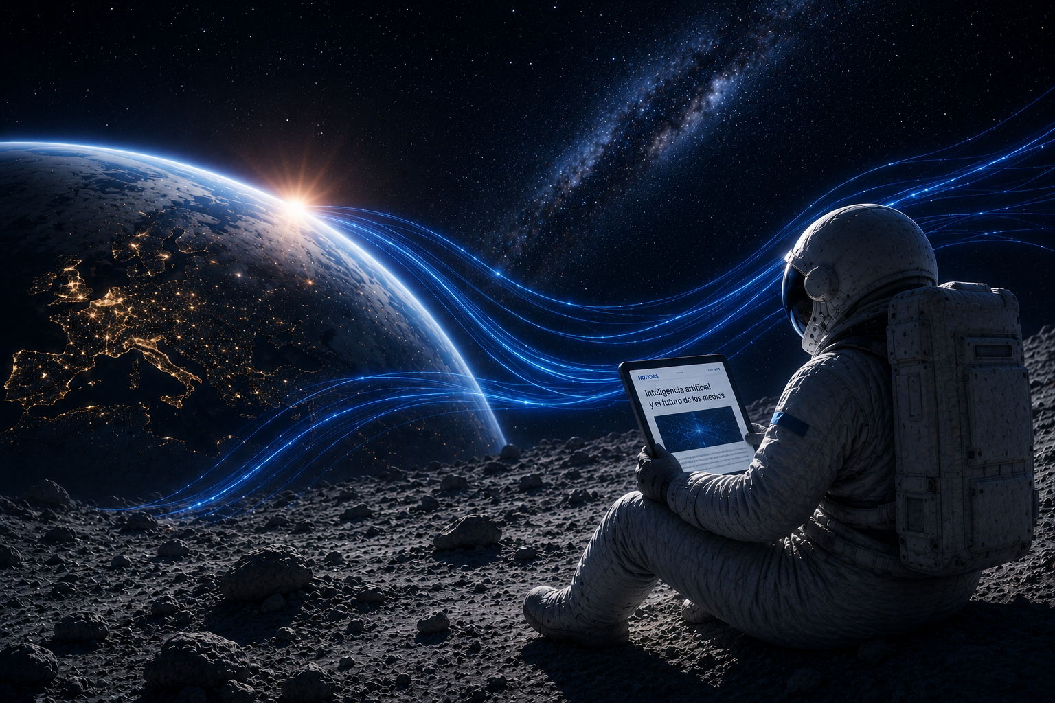 Astronauta en la Luna leyendo una noticia en un dispositivo electrónico