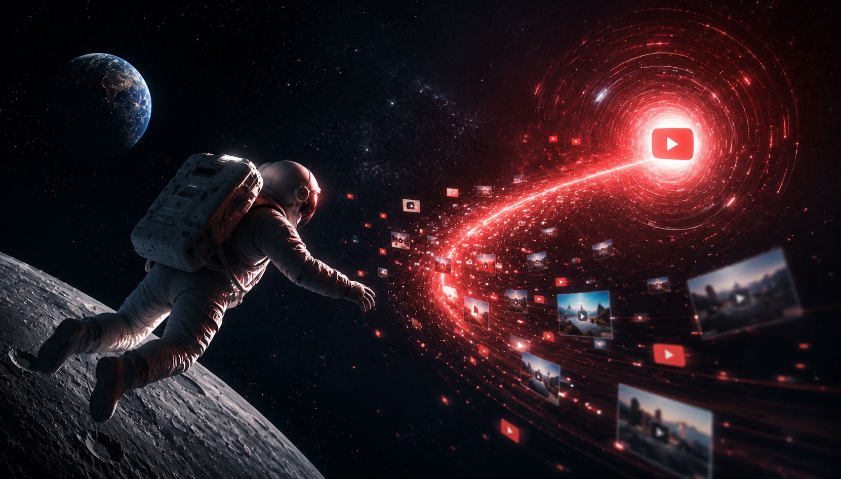 Astronauta flotando en el espacio frente a un flujo luminoso inspirado en YouTube, representando la lucha por captar la atención de la audiencia en la era del vídeo digital y los algoritmos.