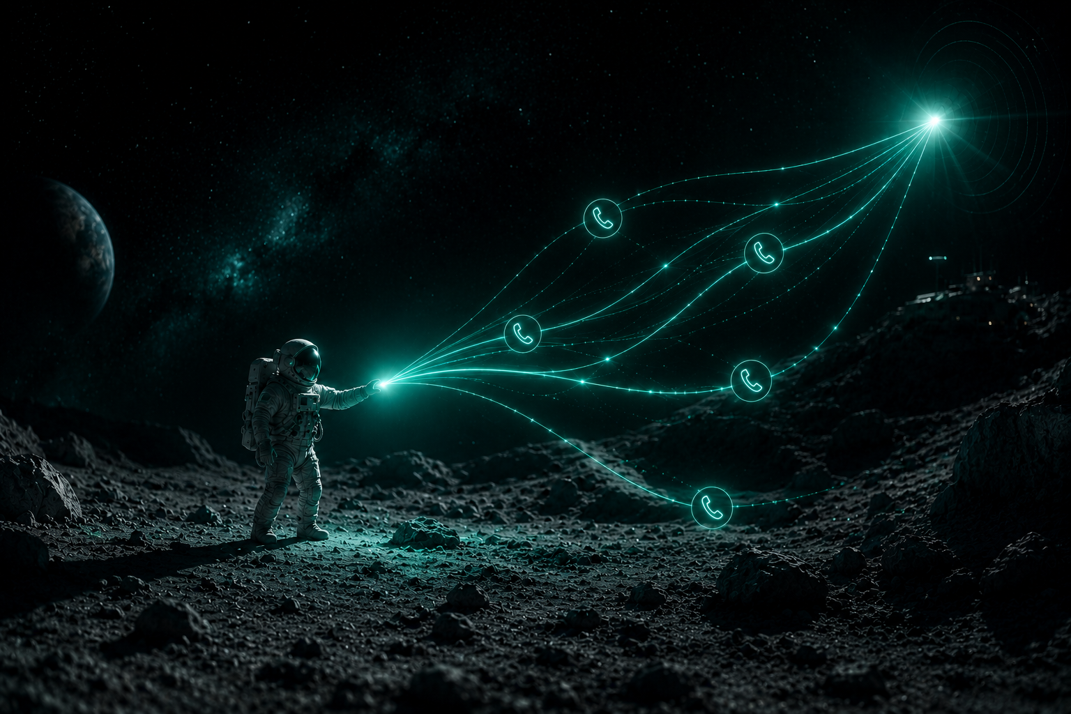 Astronauta en el espacio observando una red de conexiones y metadatos representada con flujos de luz turquesa, una metáfora de la protección de las fuentes, la privacidad de las comunicaciones y la libertad de prensa.