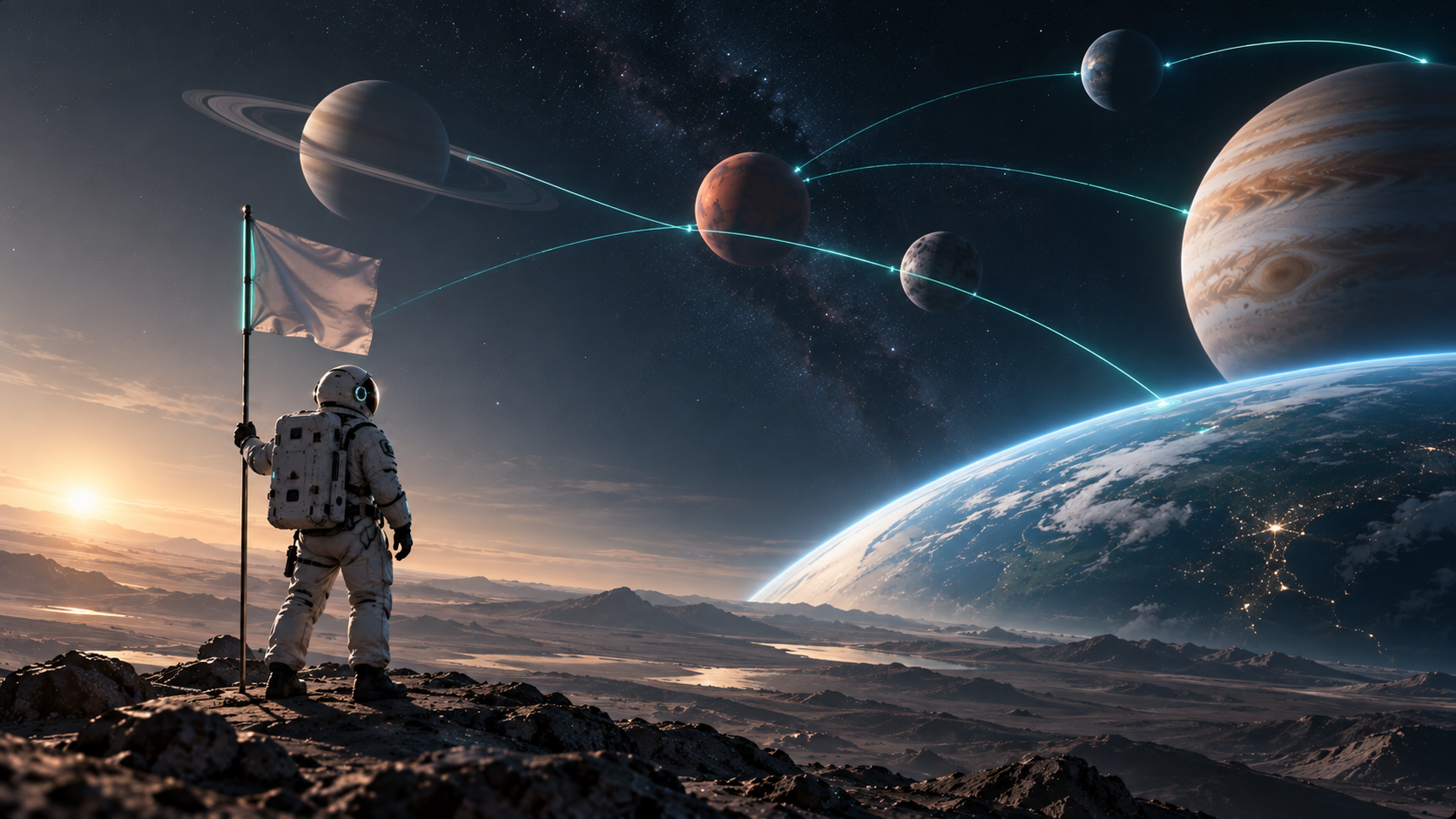 Migración de un CMS a una infraestructura cloud representada con una estética tecnológica y espacial.