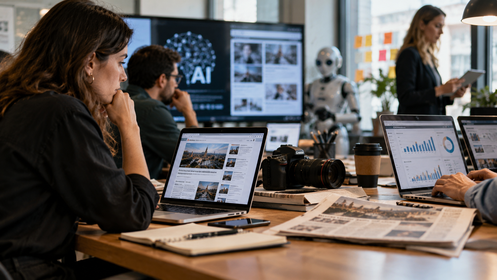 Periodistas, editores y publicistas trabajando con inteligencia artificial en un entorno de medios digitales
